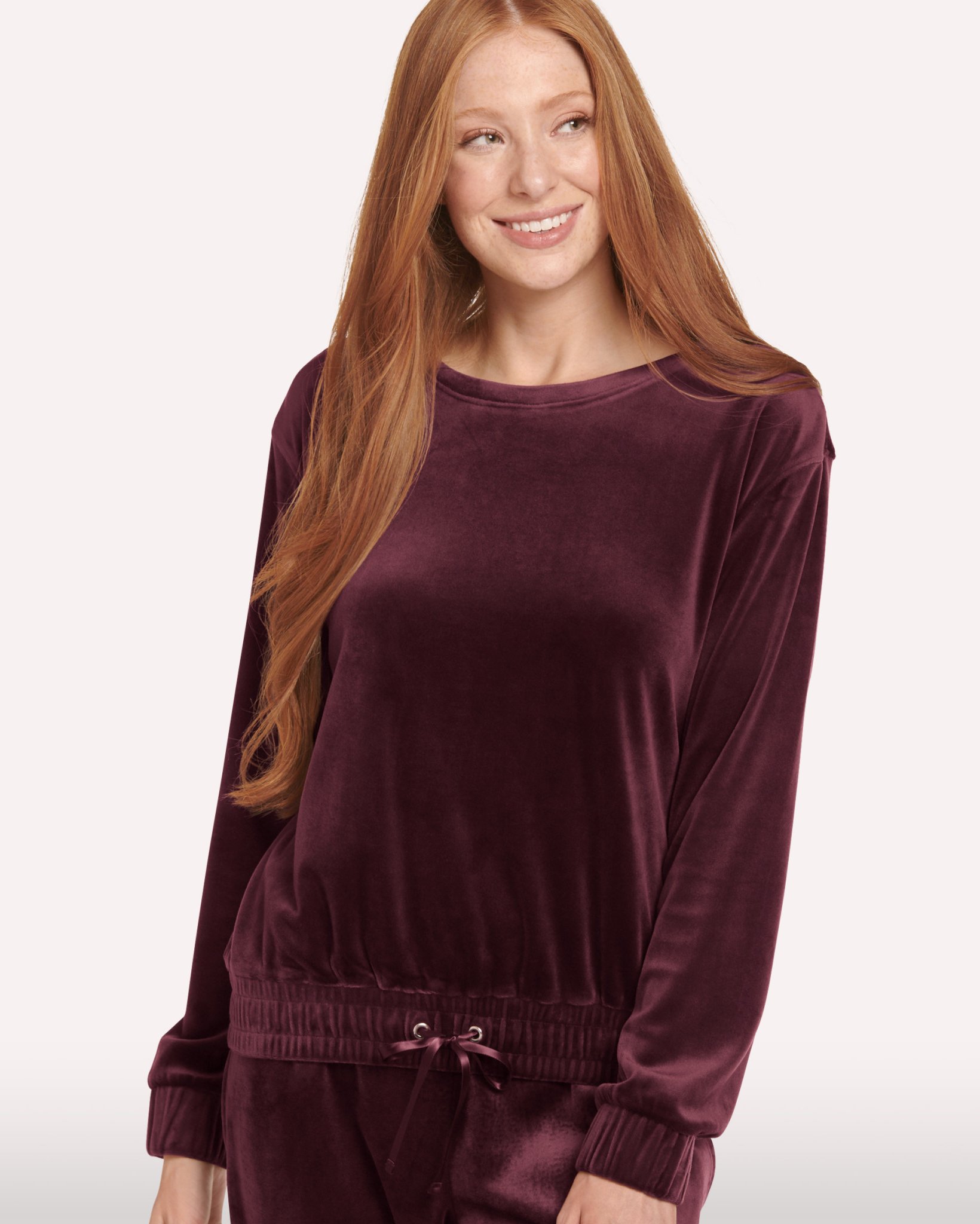 Velour Drawstring Hem Long Sleeve Top